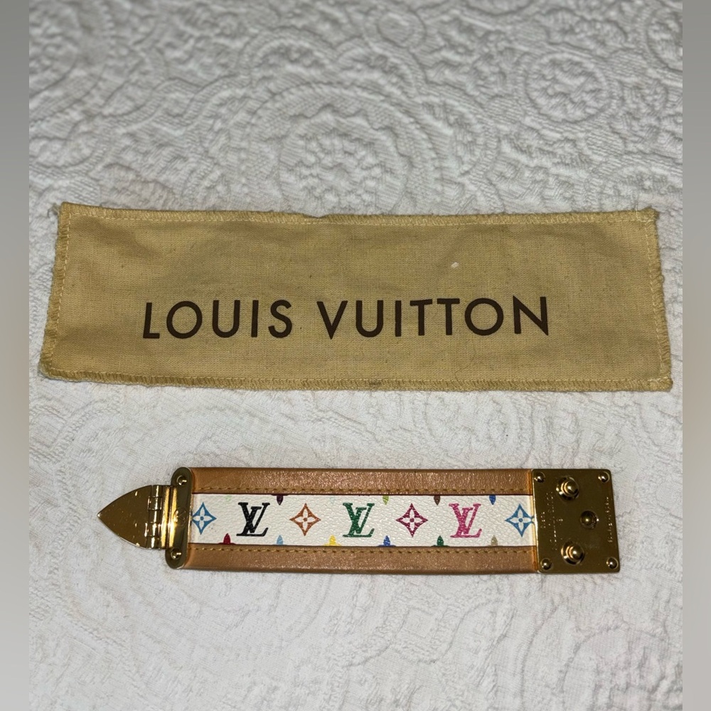 Vintage Louis Vuitton cuff- rainbow leather print with gold lock clasp